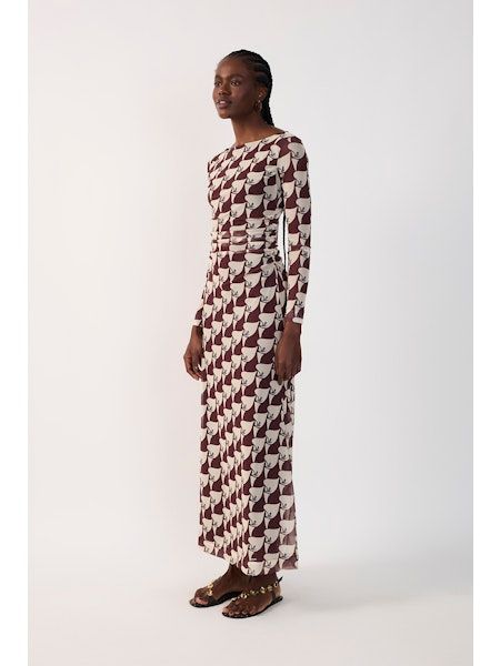 Brown Pureza Ruched Mesh Maxi Dress