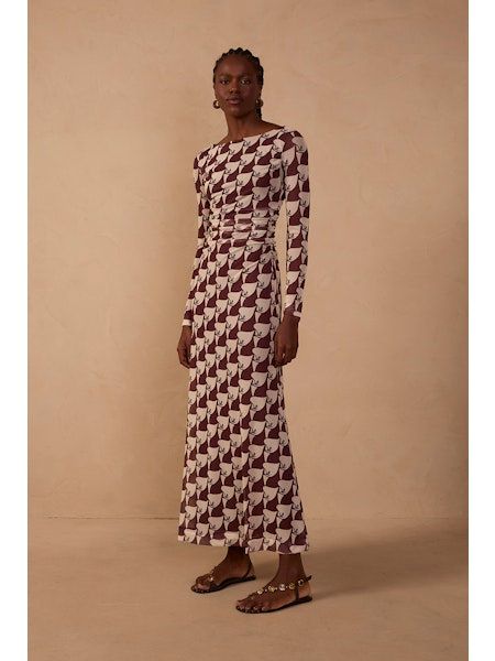 Brown Pureza Ruched Mesh Maxi Dress, Size: XS