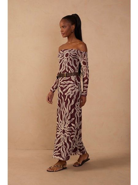 Solis Brown Off Shoulder Mesh Maxi Dress