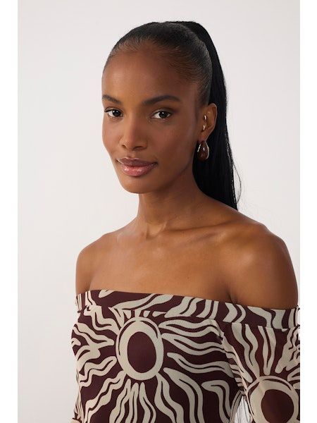 Solis Brown Off Shoulder Mesh Maxi Dress