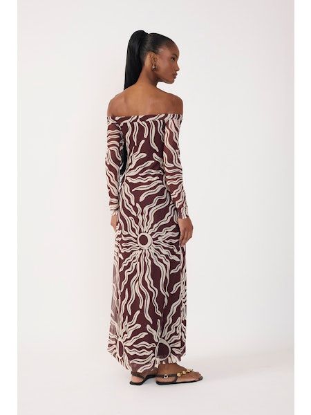 Solis Brown Off Shoulder Mesh Maxi Dress