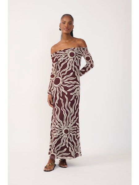 Solis Brown Off Shoulder Mesh Maxi Dress, Size: XS