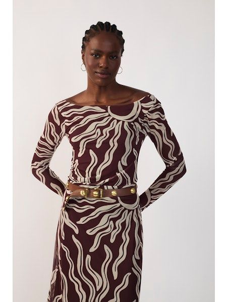 Brown Solis Off-Shoulder Mesh Top