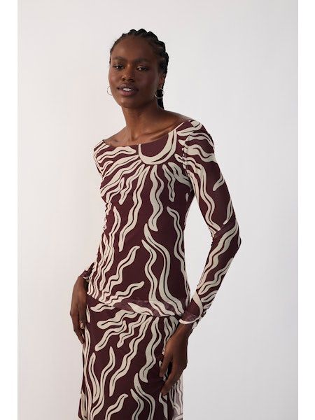 Brown Solis Off-Shoulder Mesh Top