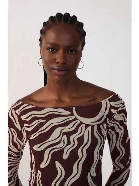 Brown Solis Off-Shoulder Mesh Top