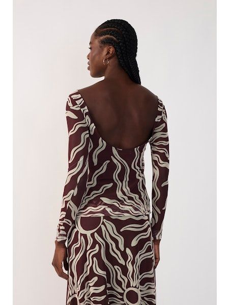 Brown Solis Off-Shoulder Mesh Top