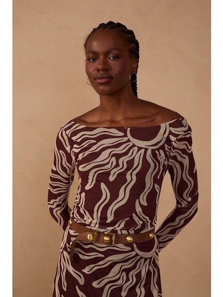 Brown Solis Off-Shoulder Mesh Top, Size: XS