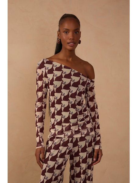 Asymmetric Mesh Pureza Print Blouse, Size: S