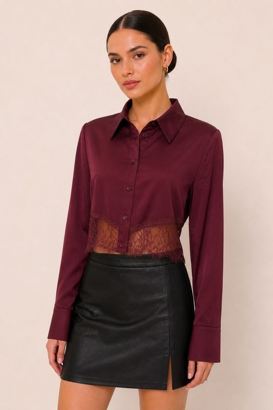 Wine Satin Cropped Shirt With Lace Hem