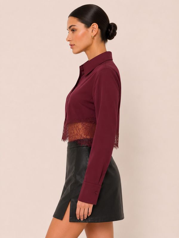 Wine Satin Cropped Shirt With Lace Hem