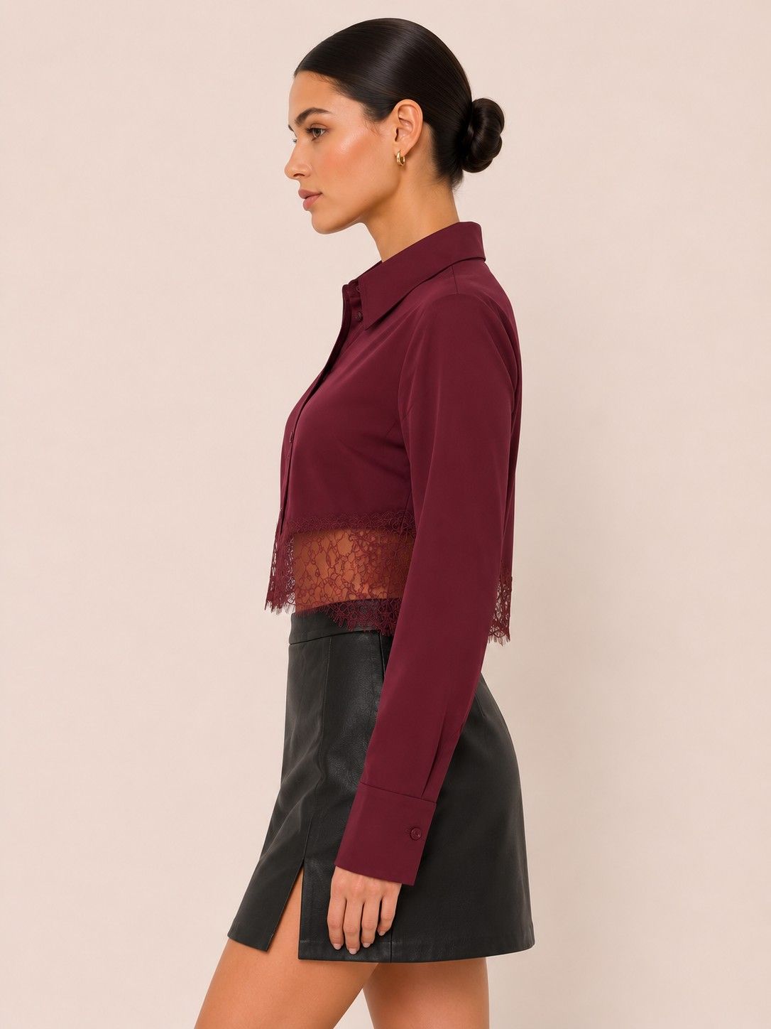 Wine Satin Cropped Shirt With Lace Hem