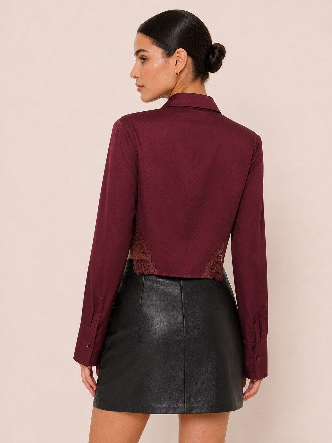 Wine Satin Cropped Shirt With Lace Hem
