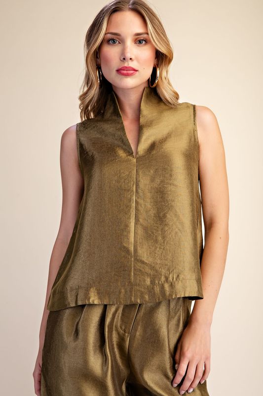 Olive Stand Collar Slit V-neck Sleeveless Top