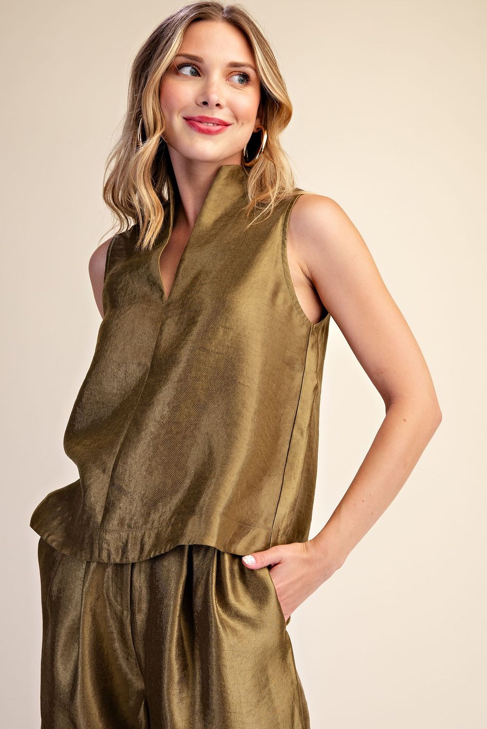Olive Stand Collar Slit V-neck Sleeveless Top