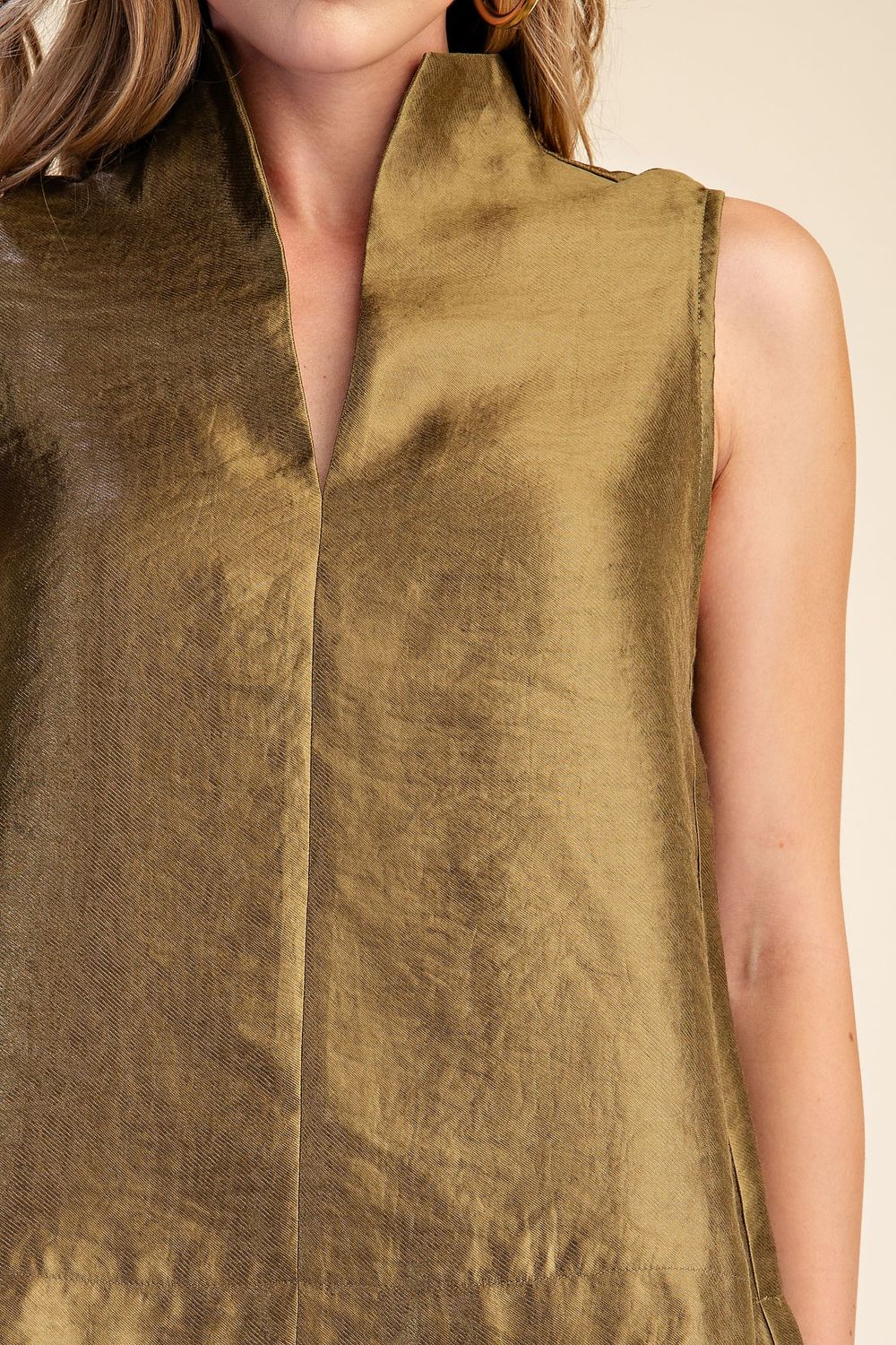 Olive Stand Collar Slit V-neck Sleeveless Top