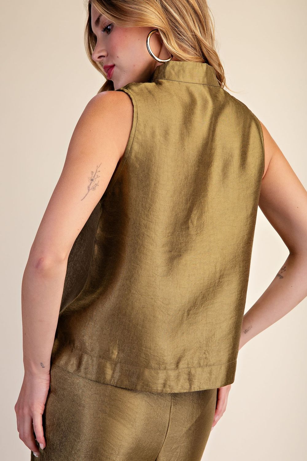 Olive Stand Collar Slit V-neck Sleeveless Top