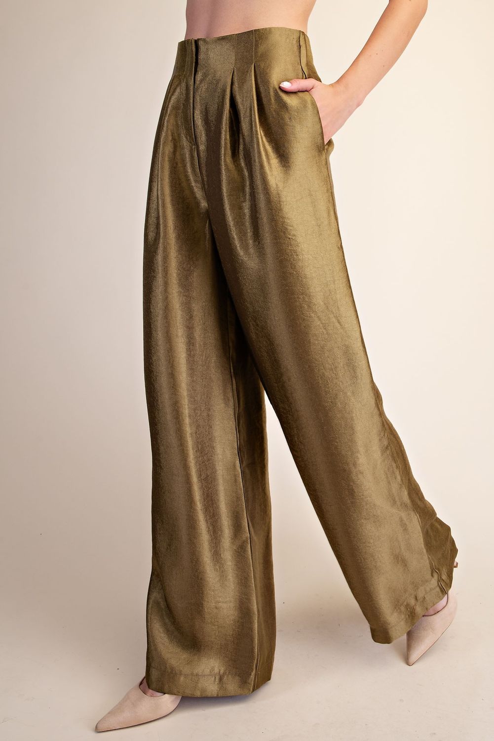 Olive  High-waist Pleated Pants