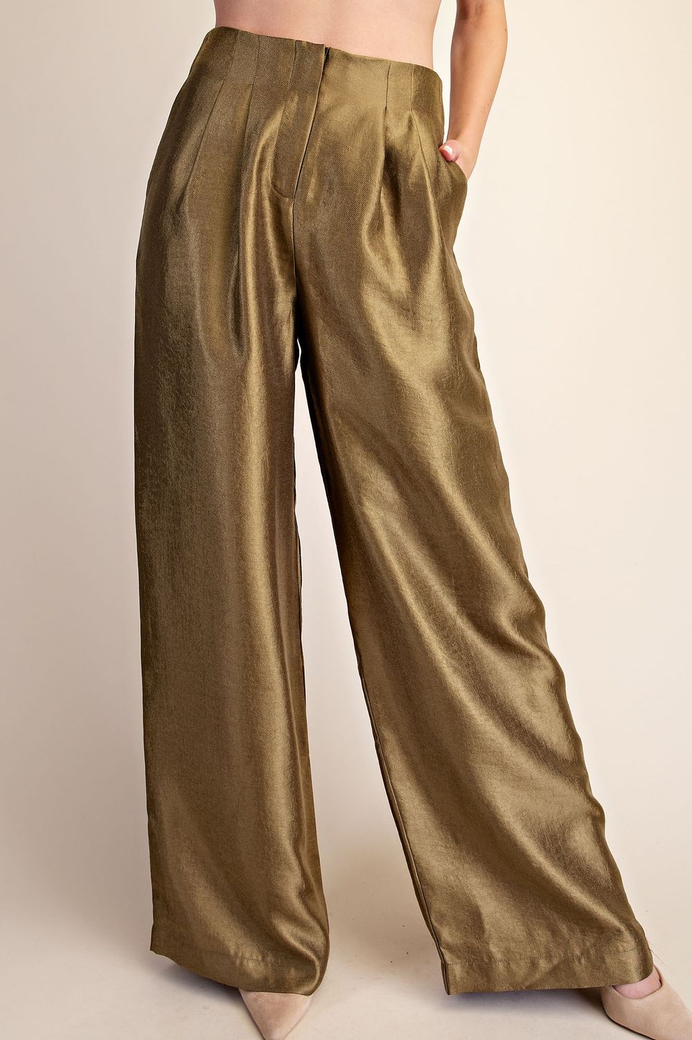 Olive  High-waist Pleated Pants, Size: S
