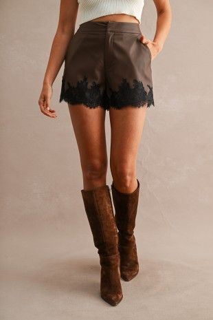Mary Brown Faux Leather  Shorts  With Lace, Size: S