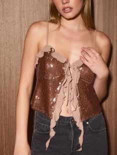 Sequin Butterfly Split Front Tie Camisole Top Light Brown, Size: XS