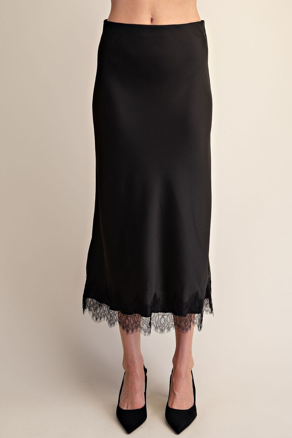 Black Lace Skirt Midi Satin Effect, Size: S