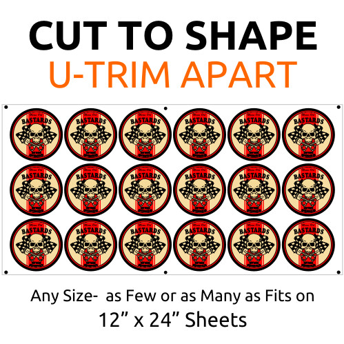 Contour Cut UV Custom Stickers - Any Size on 12 inch by 24 inch Sheets