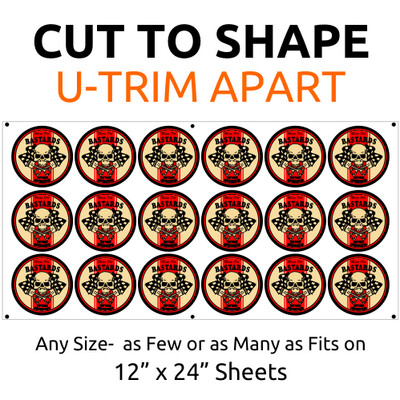 Contour Cut UV Custom Stickers - Any Size on 12 inch by 24 inch Sheets