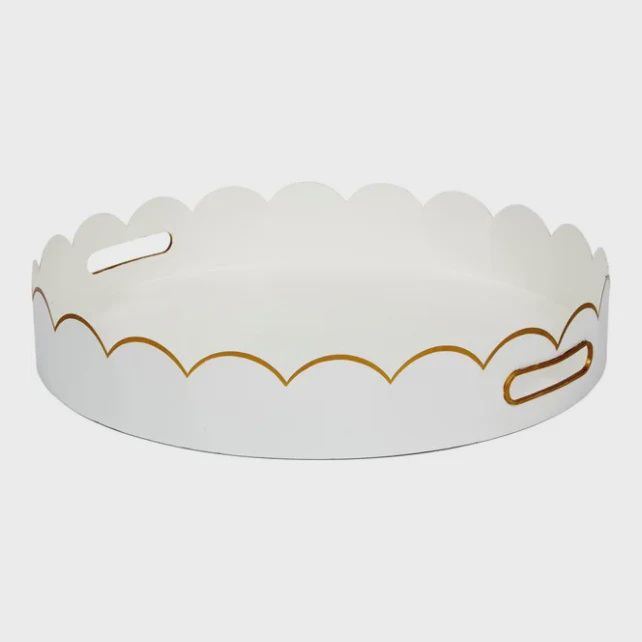 Gloss White &amp; Gold Scalloped Metal Tray