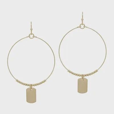 Gold Rectangle Drop On Beaded Hoop 1.5&quot; Earrings