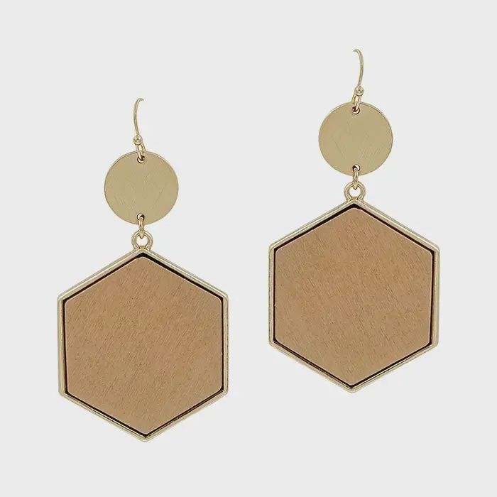 Light Brown Wood Hexagon 2&quot; Drop Earring