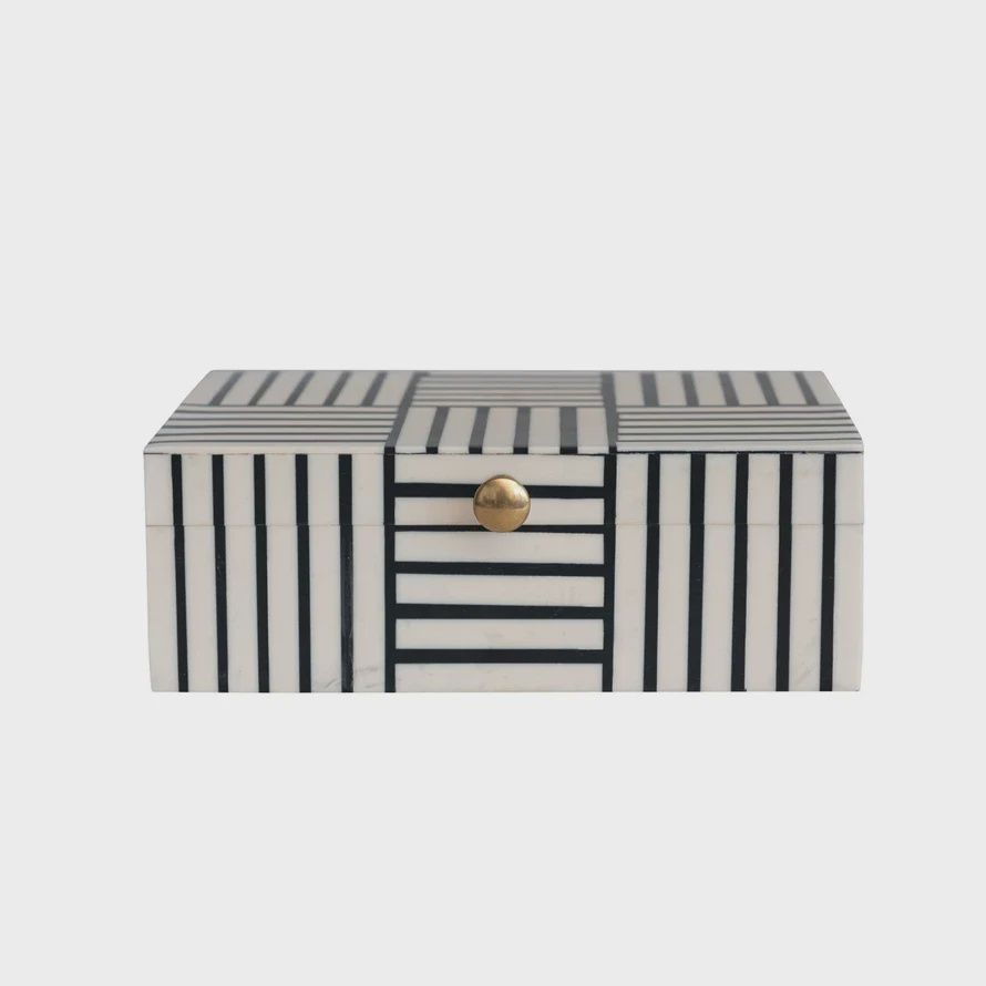 Resin Box With Striped Block Pattern &amp; Gold Knob | Black &amp; White