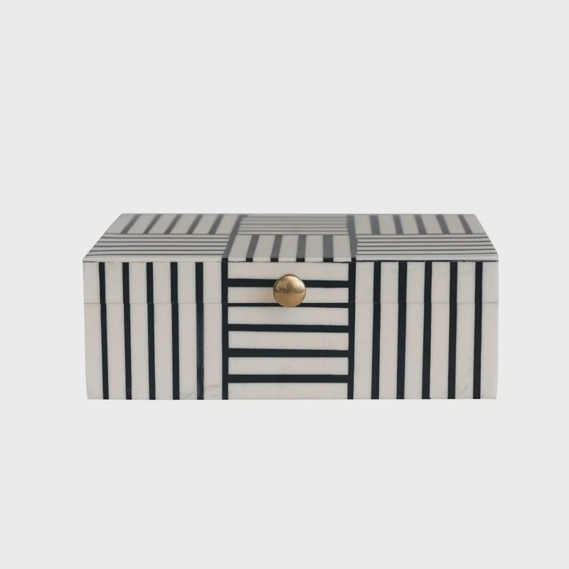 Resin Box With Striped Block Pattern &amp; Gold Knob | Black &amp; White