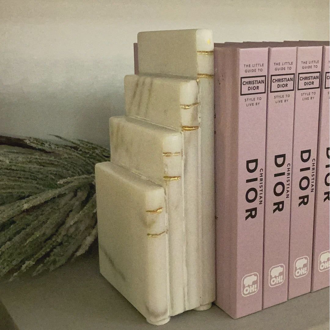 White Marble Book Stack w/ Gold Inlay Bookends, Set of 2