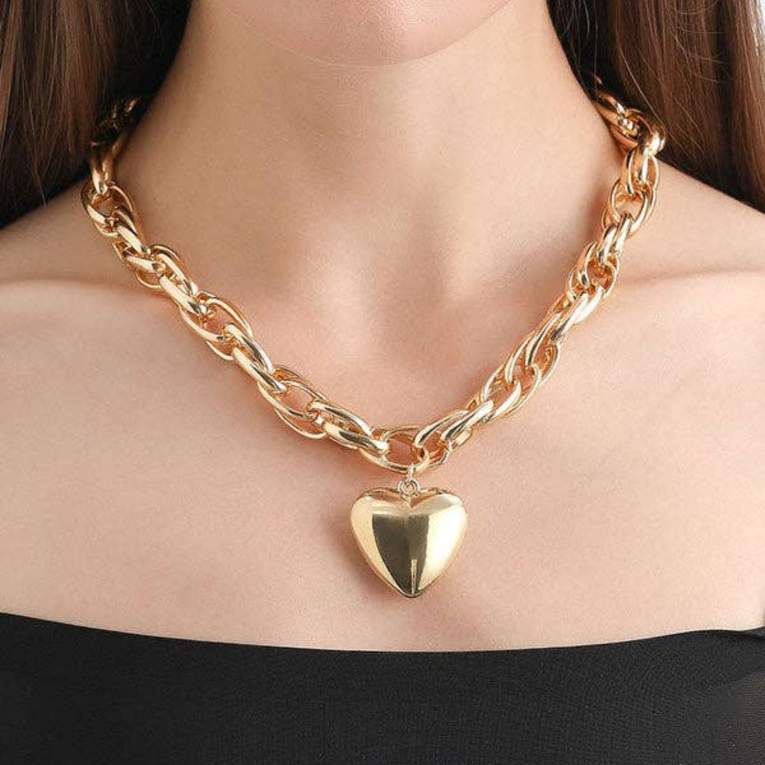 Normcore Chains Heart Shape Solid Color Necklace | Gold