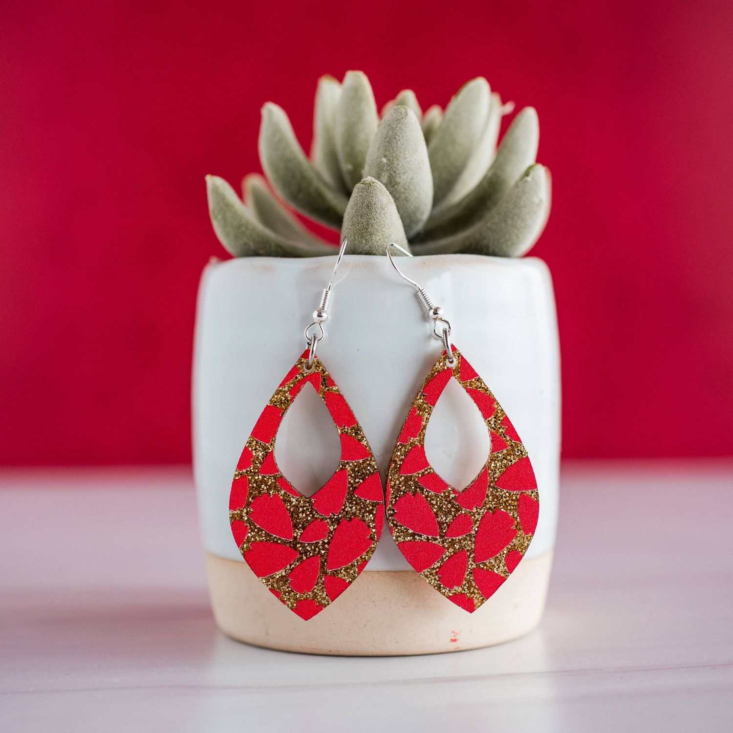 Red Arrowhead Glitter Print Medium Cutout Teardrop Dangles