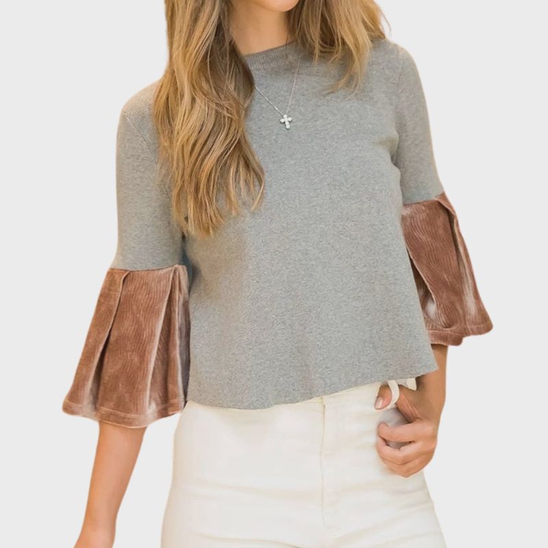 Velvet Bell Sleeve Knit Top | Heather Gray