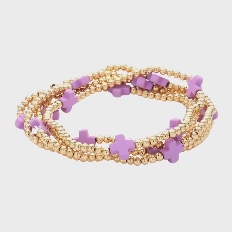 Lavender Cross &amp; Gold Beaded Stretch Bracelet | Set Of 5