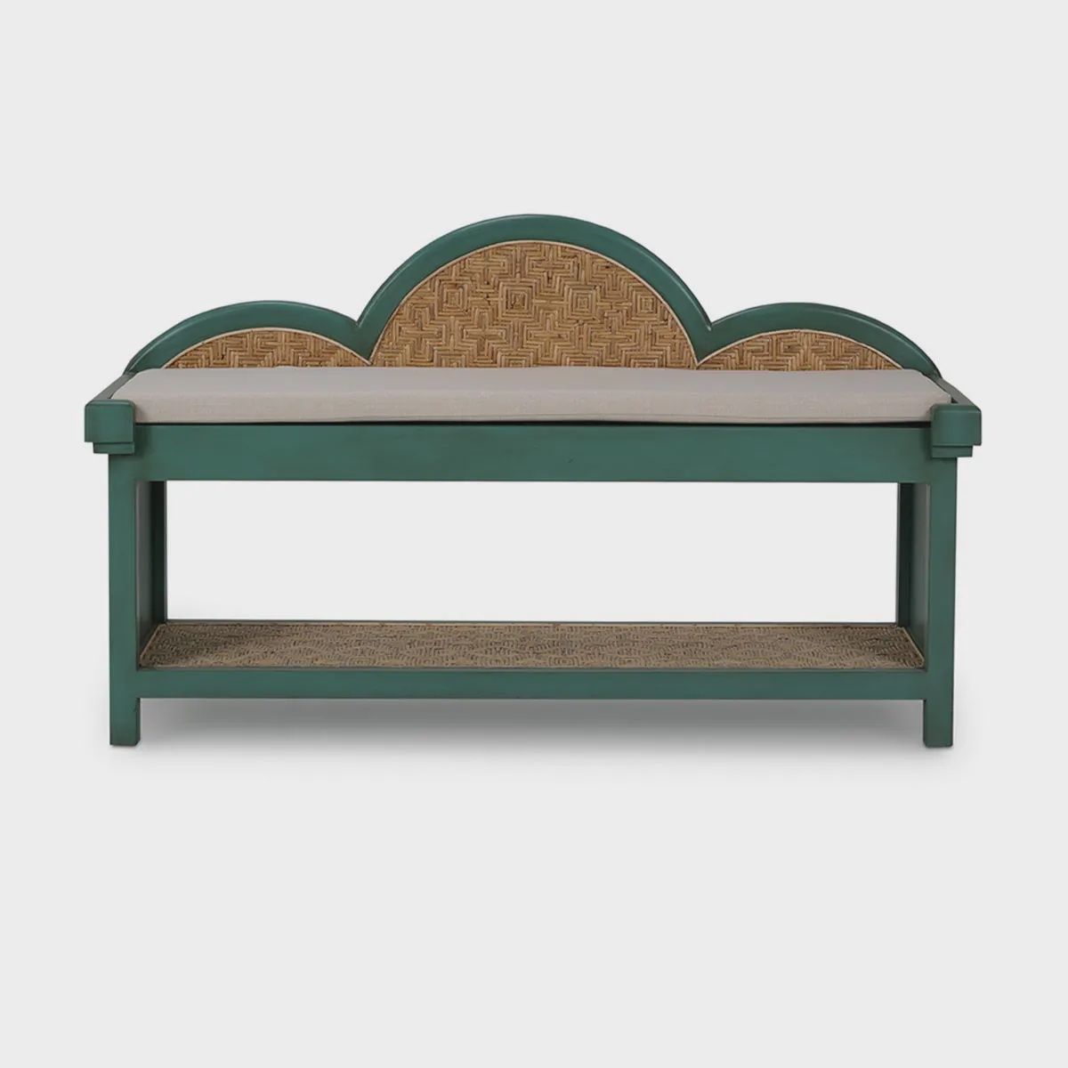 Chloe Bench With Rattan &amp; Seat Cushion - Jade Green