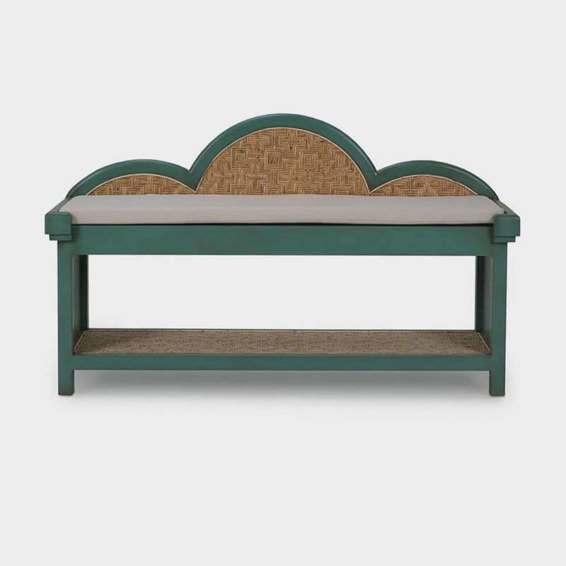 Chloe Bench With Rattan &amp; Seat Cushion - Jade Green