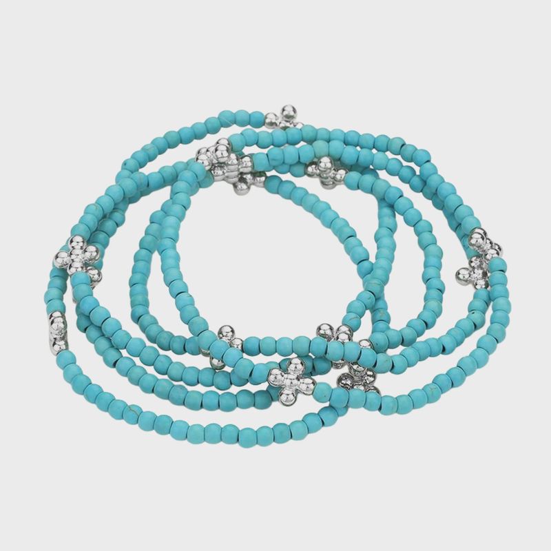 Turquoise &amp; Silver Multi-Layered Flower Bead Bracelet | Set Of 5
