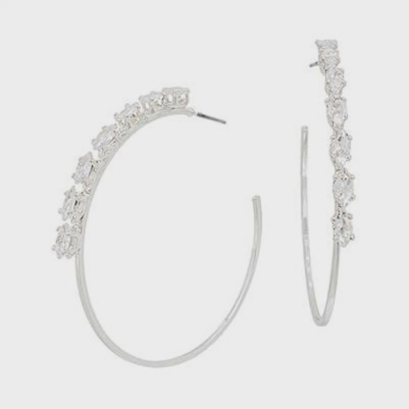 Silver Half Rhinestone Hoop Earrings