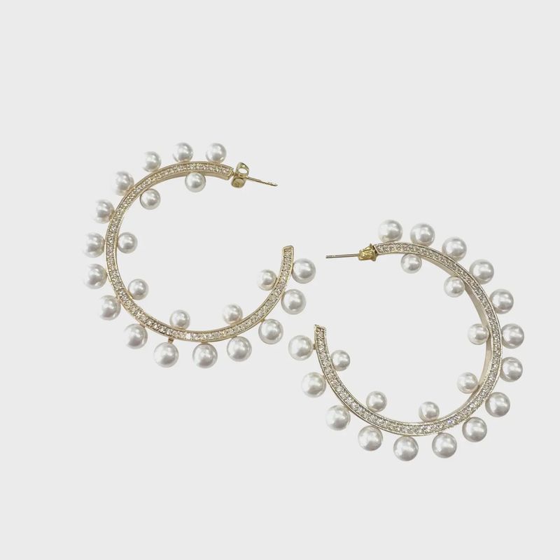Pearl &amp; Crystal Statement Hoop Earrings | Gold