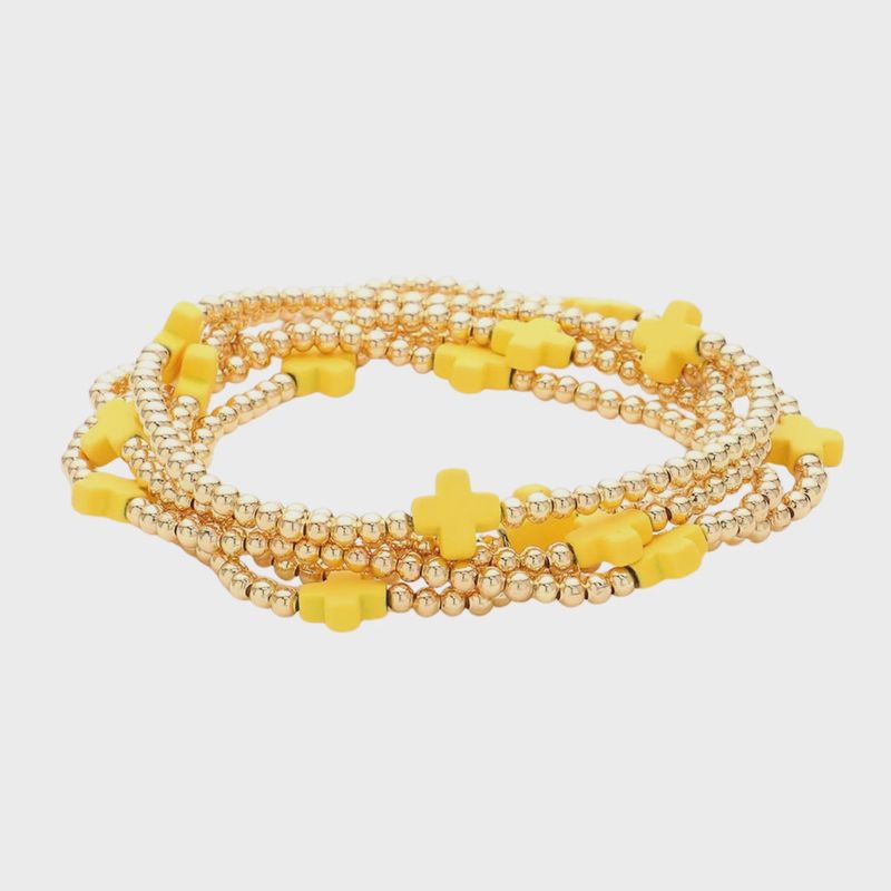 Yellow Cross &amp; Gold Beaded Stretch Bracelets | Set of 5
