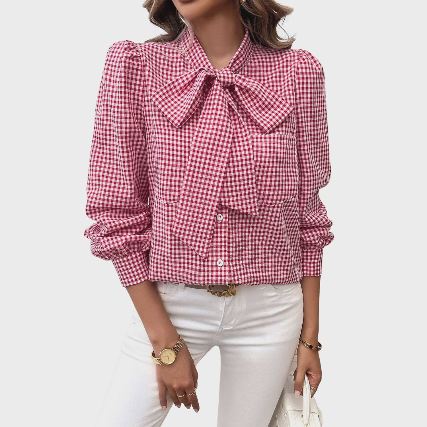 Plaid Puff Sleeve Trim Knot Blouse | Red