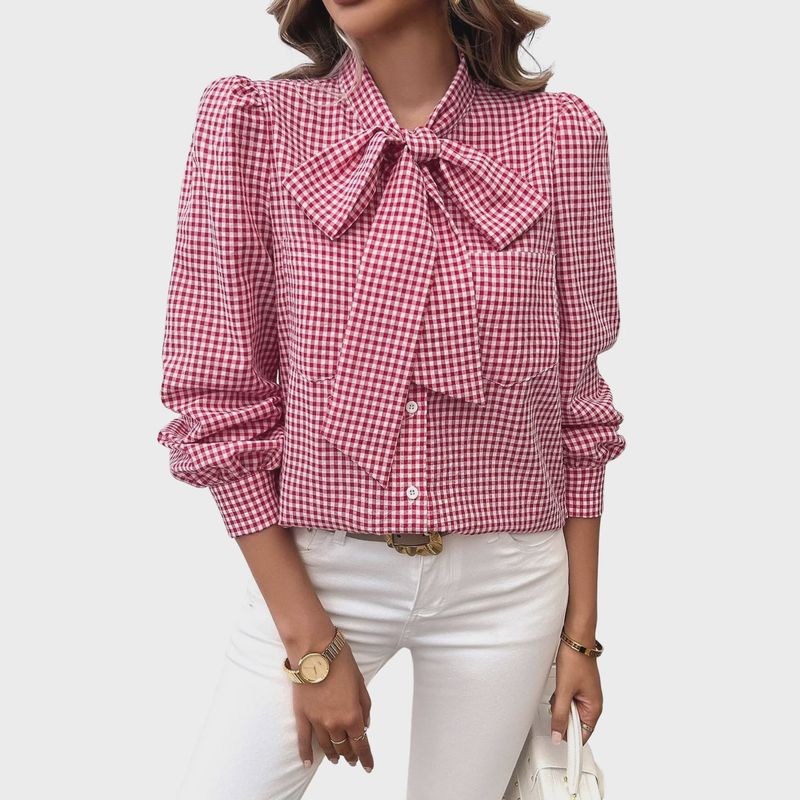 Plaid Puff Sleeve Trim Knot Blouse | Red