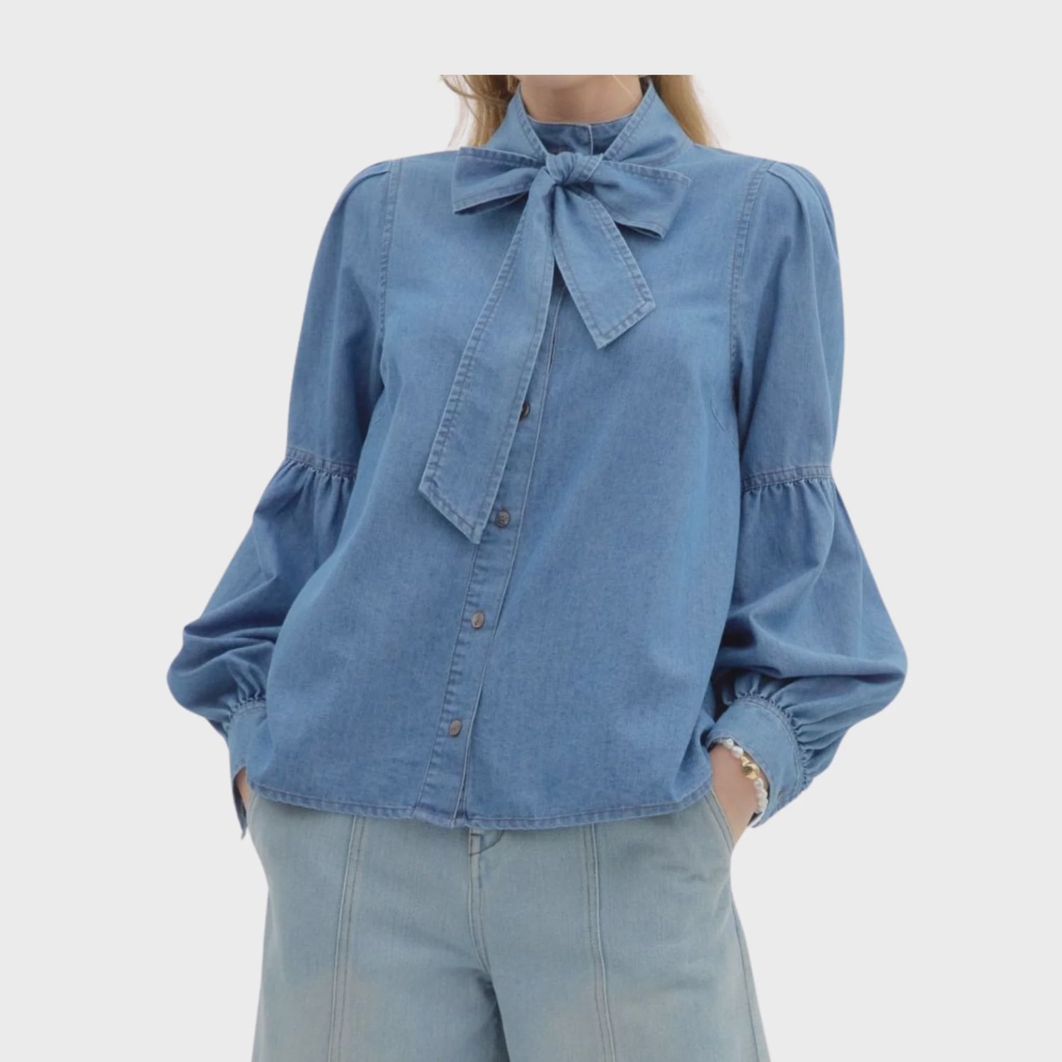 Denim Bow Tie Puff Sleeve Blouse