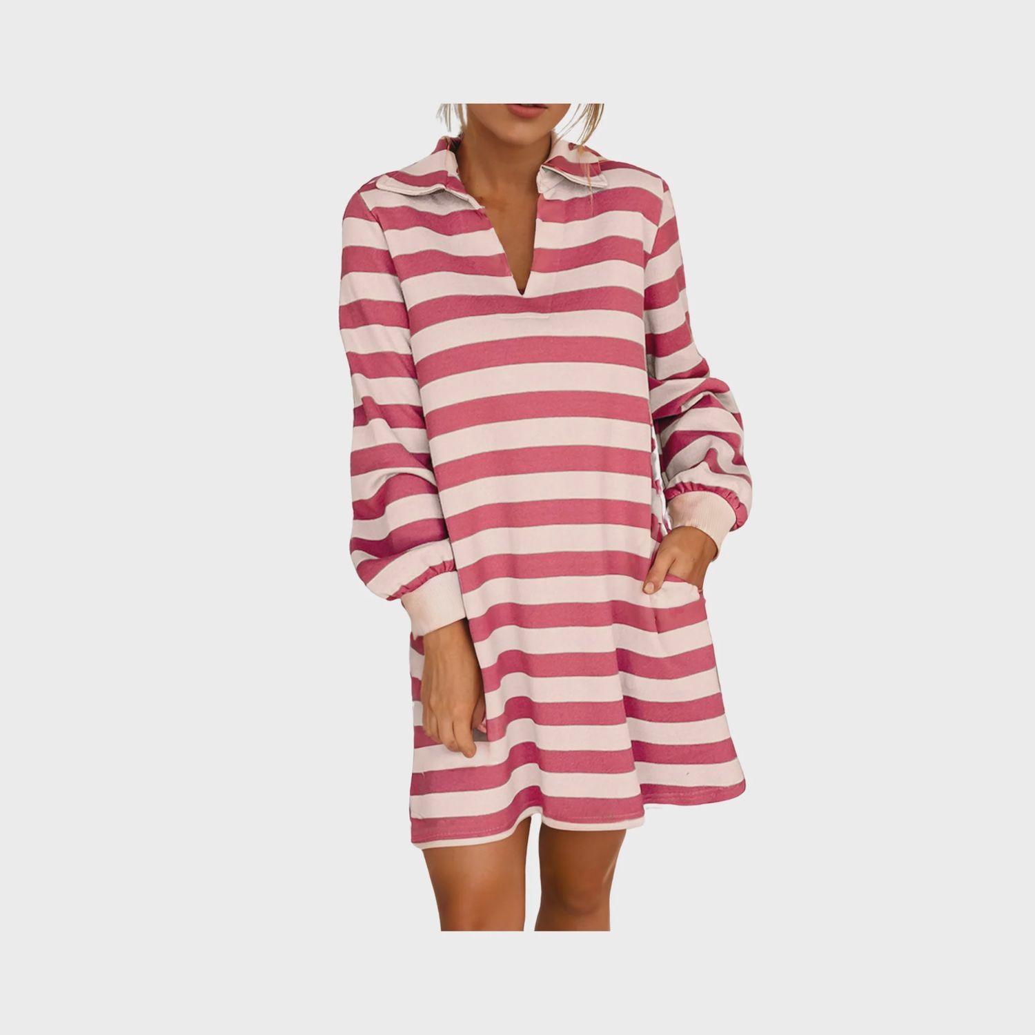 Stripe Pocketed Collared V Neck Loose Fit Mini Dress | Pink