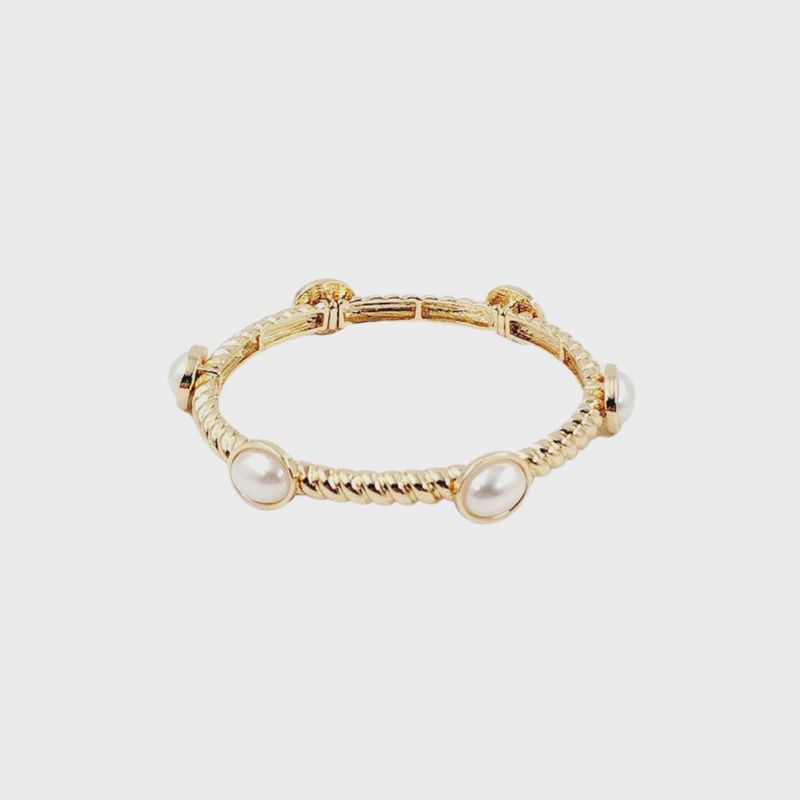 Ribbed Gold Textured &amp; Pearl Stretch Bracelet