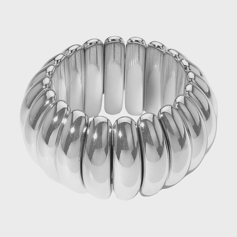 Wide Metal Ribbed Stretch Bracelet | Silver