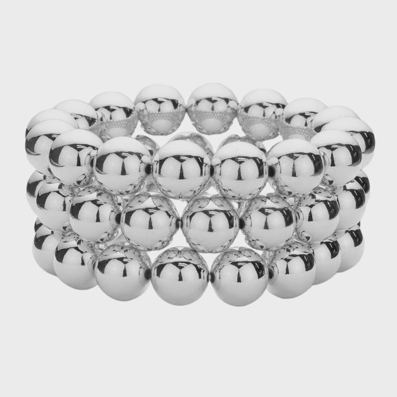 Rhodium Chunky Metal Ball Multi Layered Stretch Bracelets | Set Of 3